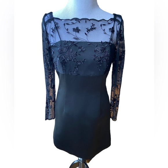 Alfred Sung Black Lace Embroidered Long Sleeve Formal Sheath Evening Dress Women - Picture 1 of 15